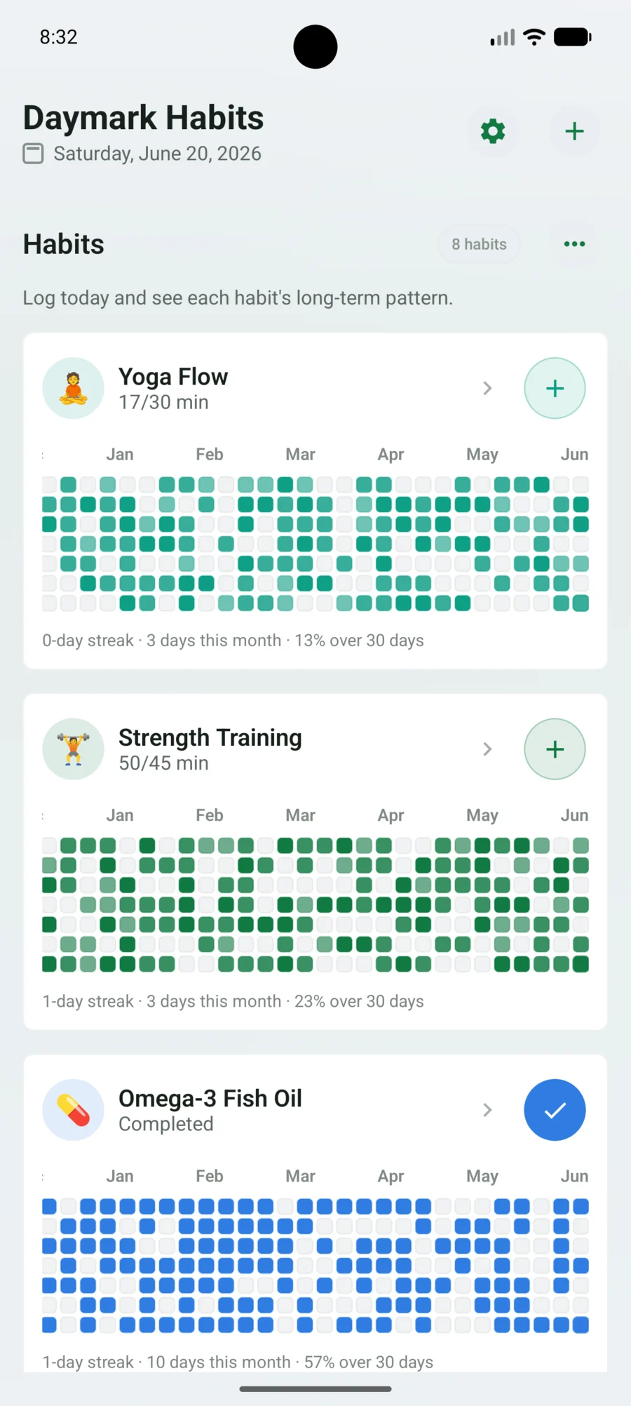 Daymark Habits showing long-term heatmaps for several habits.