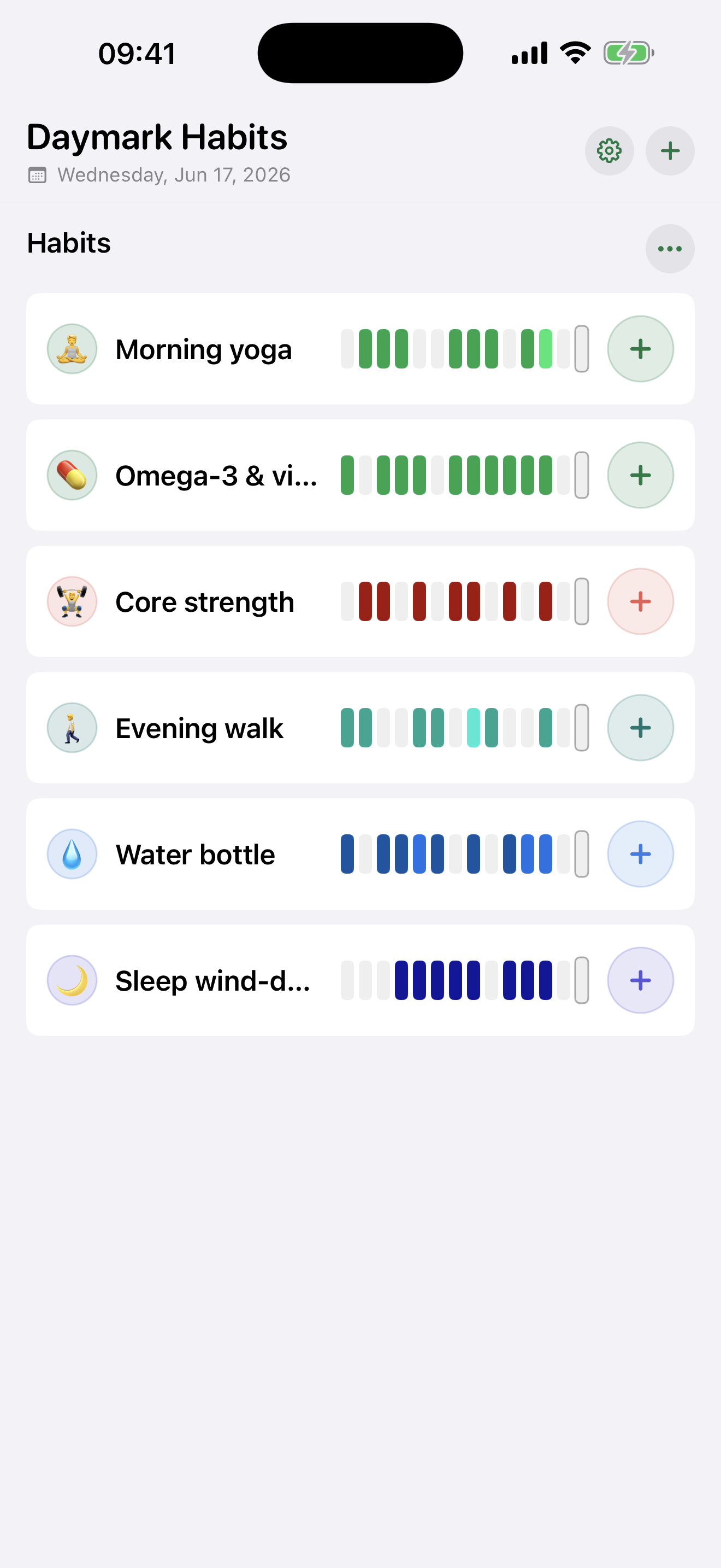 Daymark Habits 緊湊列表視圖，顯示每個習慣的快速進度條。